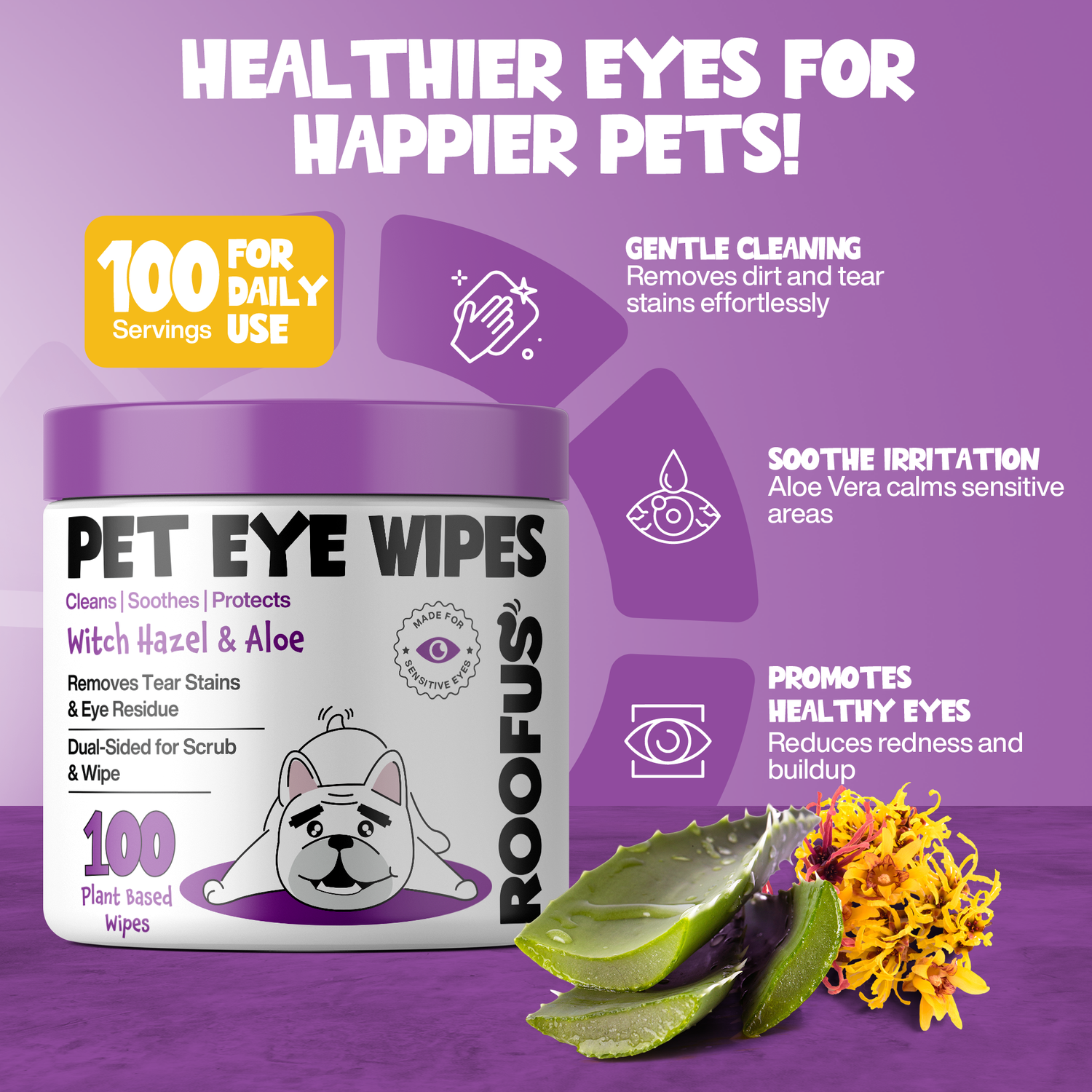 Roofus Dog Eye Wipes | Fragrance Free | 100ct