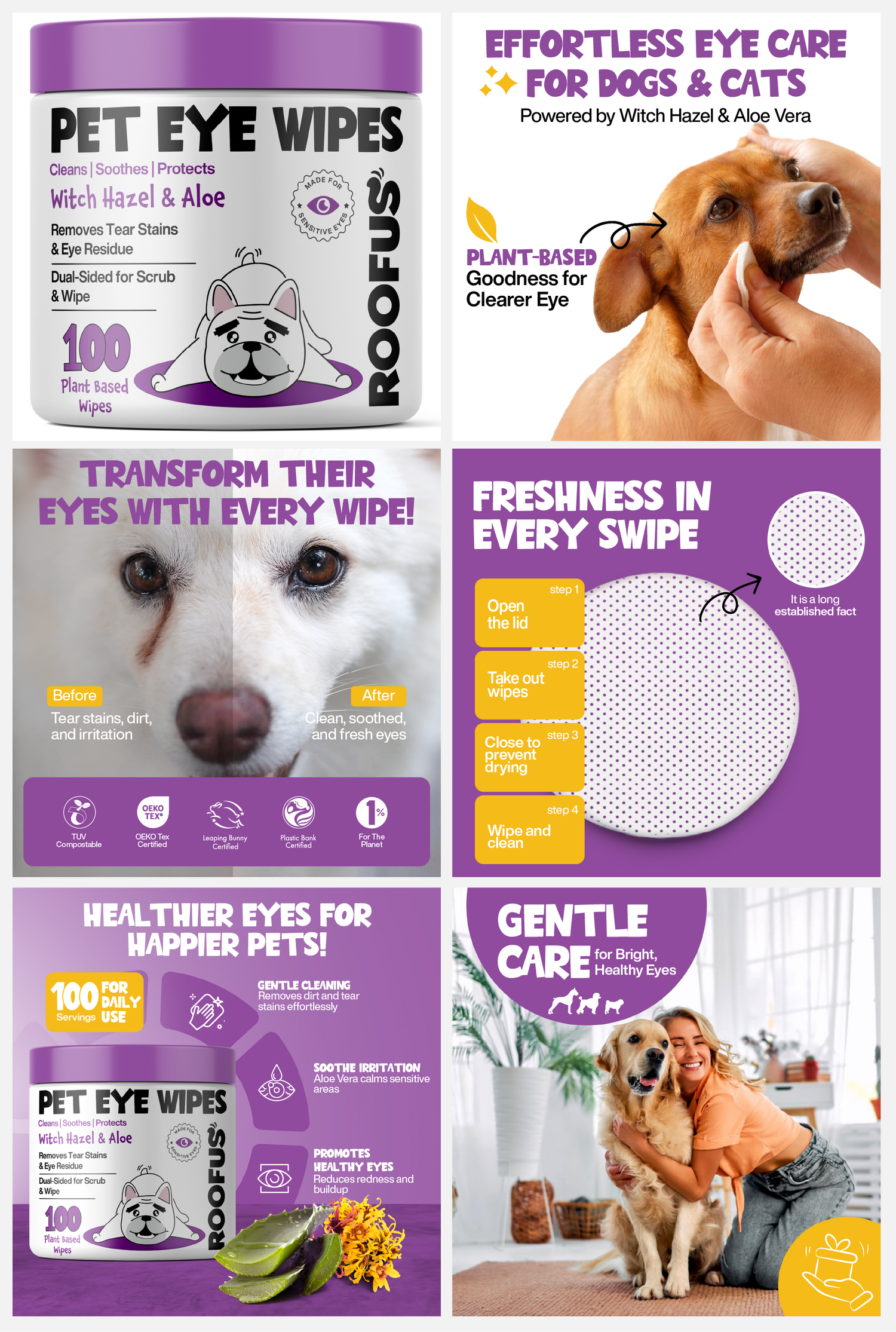 Roofus Dog Eye Wipes | Fragrance Free | 100ct