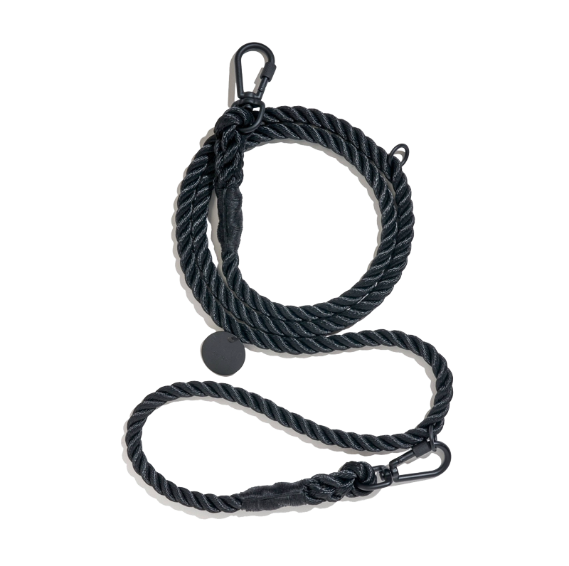 Cotton Rope &amp; Leather Adjustable Dog Leash - Matte Black