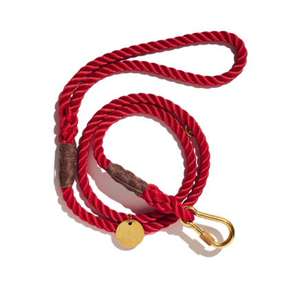 Cotton Rope &amp; Leather Adjustable Dog Leash - Red