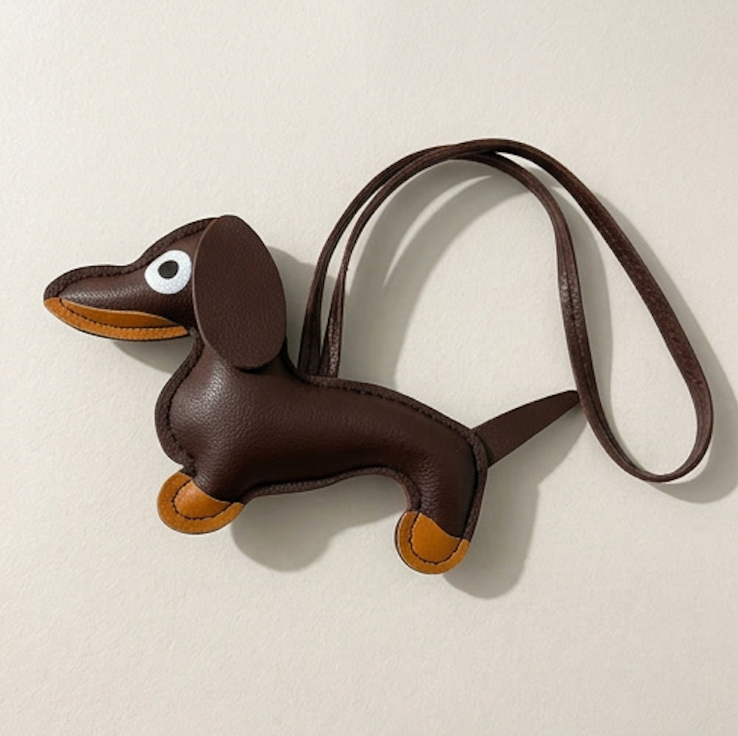 Dachshund Bag Pendant, Leather Strap Puppy Accessories Luggage Tag